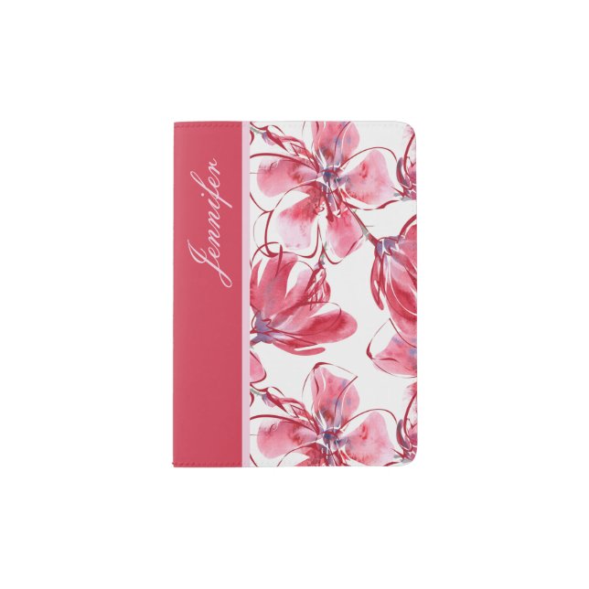Modern Chic Red Tropical Floral Personalized Name Passport Holder (Front)