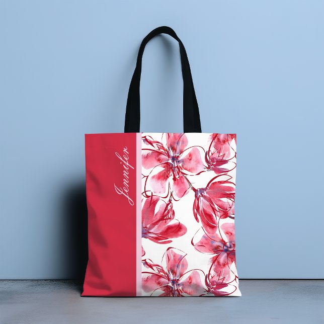 Modern Chic Red Tropical Floral Personalized Name Tote Bag (Creator Uploaded)