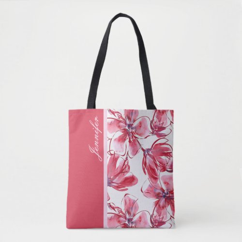 Modern Chic Red Tropical Floral Personalized Name Tote Bag