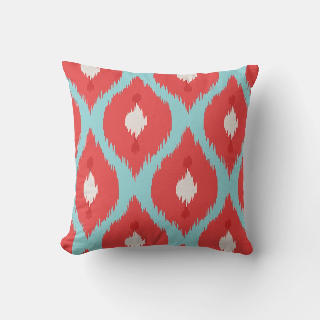 Modern chic red turquoise ikat pillow Zazzle