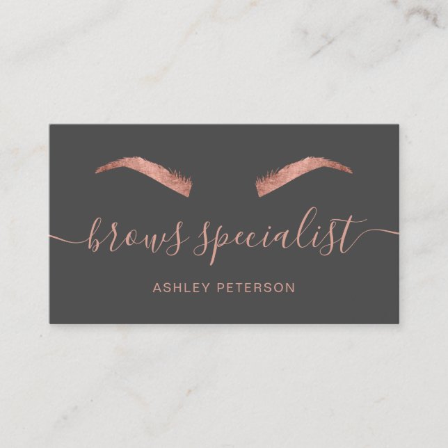 Modern chic rose gold brows trendy gray business card (Front)