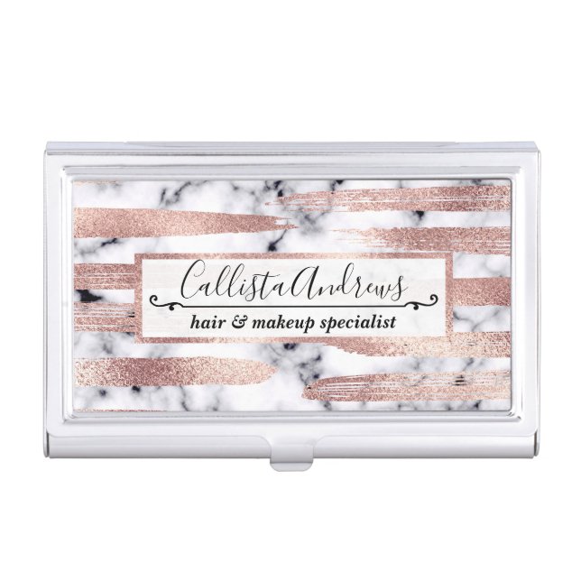 Modern Chic Rose Gold Brushstrokes Marble Business Card Case (Front)
