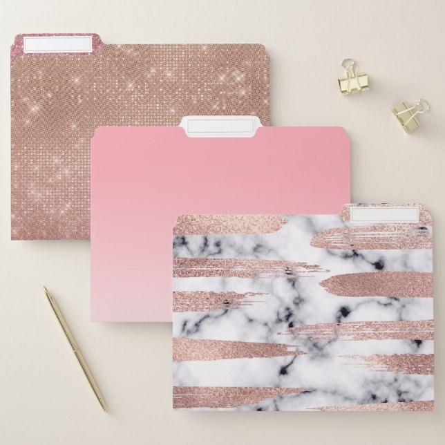 Modern Chic Rose Gold Brushstrokes Marble File Folder (Set)