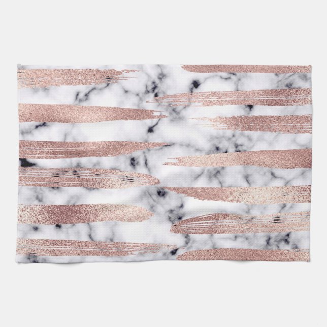 Modern Chic Rose Gold Brushstrokes Marble Kitchen Towel (Horizontal)