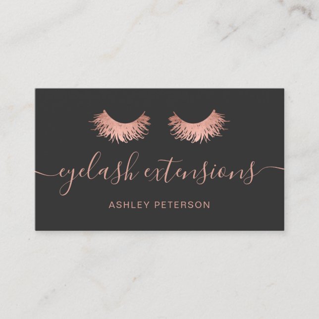 Modern chic rose gold eyelashes trendy gray business card (Front)