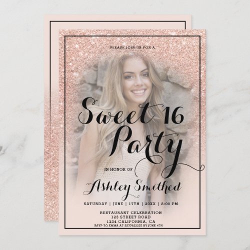 Modern chic rose gold glitter ombre photo Sweet 16 Invitation