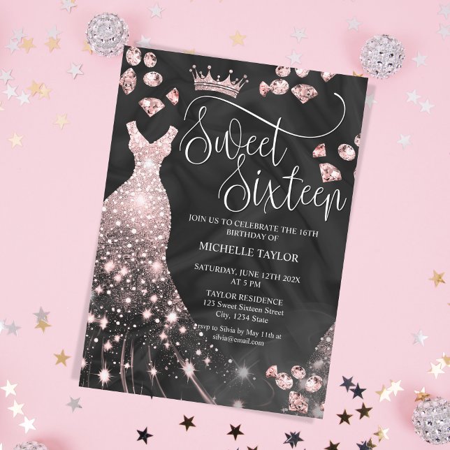 Modern Chic Rose Gold Glitter Sweet 16 Invitation (Creator Uploaded)