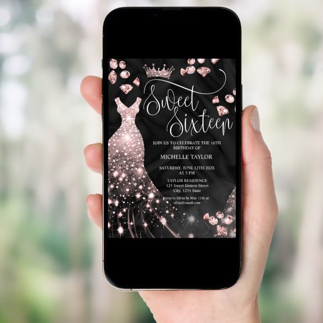 Modern Chic Rose Gold Glitter Sweet 16 Invitation (Front Digital)