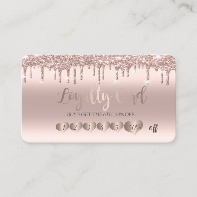 Modern Chic Rose Gold Hearts Glitter Drips Loyalty Card (Front)