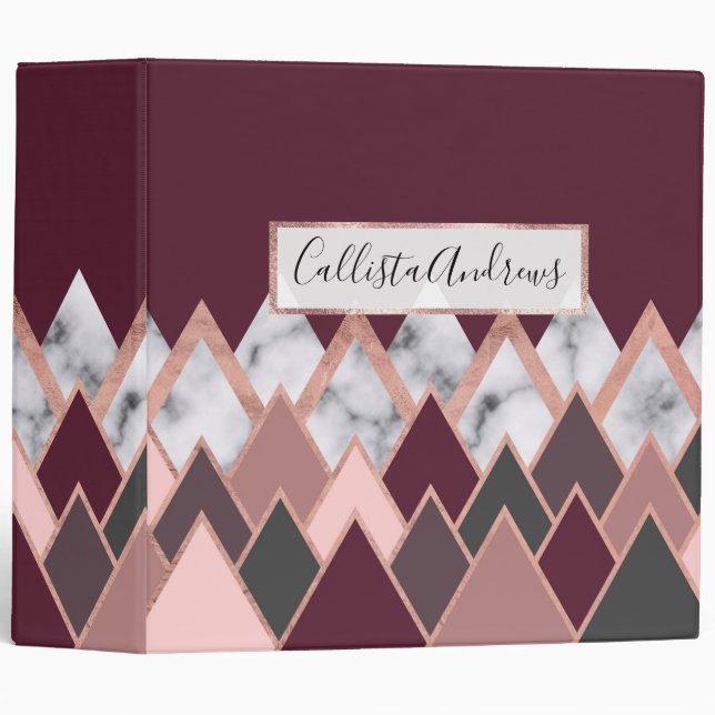 Modern Chic Rose Gold Marble Red Triangles 3 Ring Binder (Front/Spine)