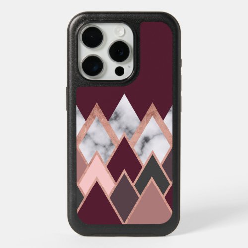 Modern Chic Rose Gold Marble Red Triangles iPhone 15 Pro Case