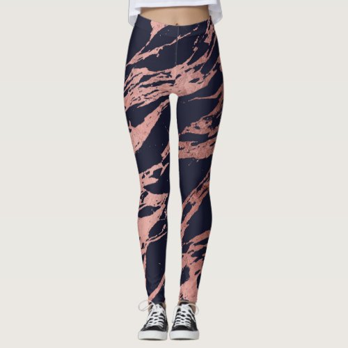 Modern Chic Rose Gold Navy Blue Marble Pattern Leggings