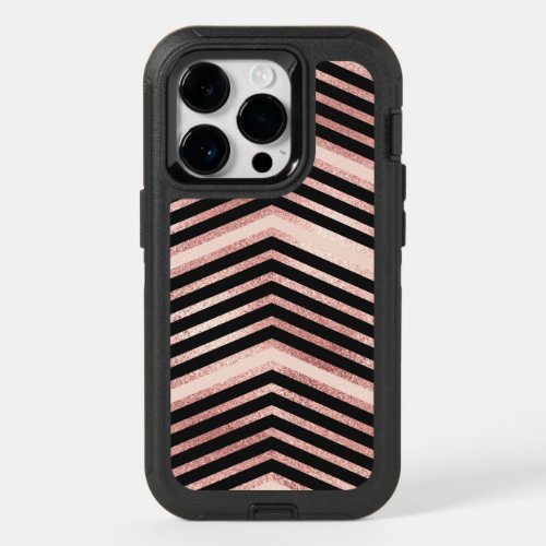 Modern Chic Rose Gold Pink Black Chevron Geo OtterBox iPhone 14 Pro Case