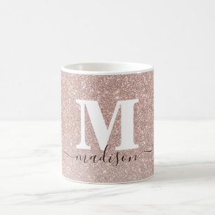 Modern Chic Rose Gold Pink Glitter Monogram Script Coffee Mug