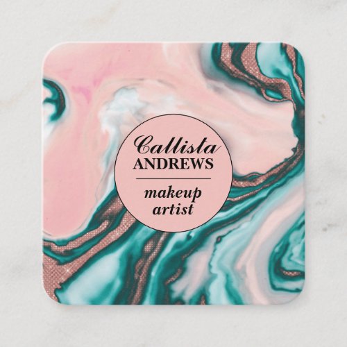 Modern Chic Rose Gold Pink Teal Glitter Marble Square Business Card