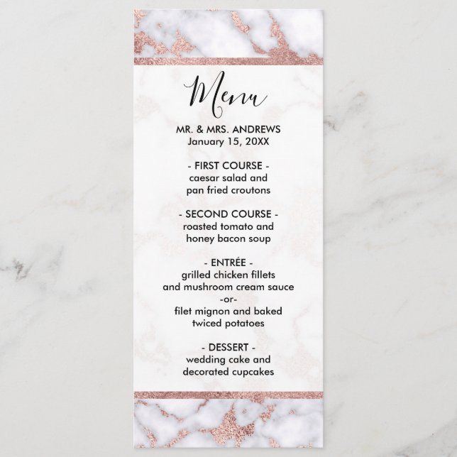 Modern Chic Rose Gold White Marble Stone Pattern Menu (Front)