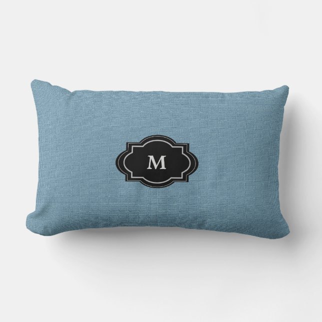 Modern Chic Rustic Blue Monogram faux burlap Lumbar Pillow (Front)