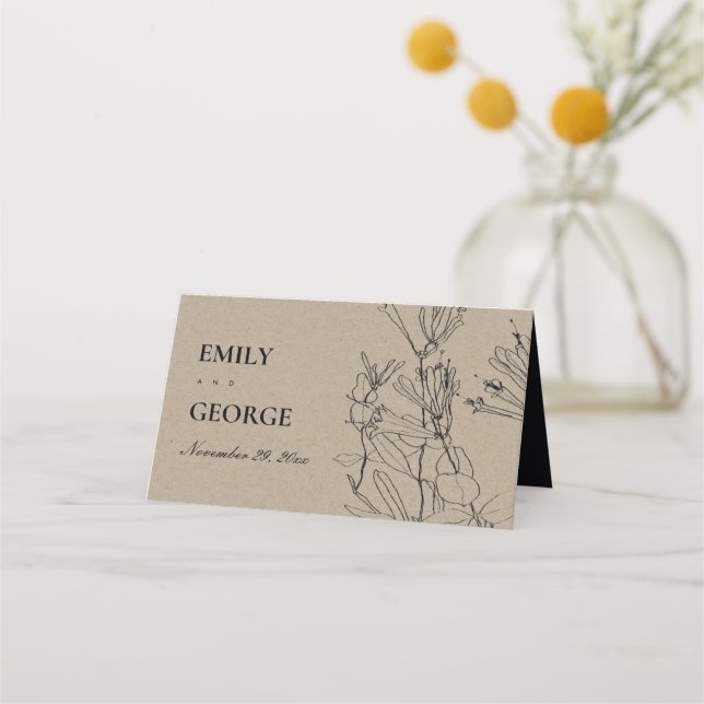 MODERN CHIC RUSTIC KRAFT BLACK LINE DRAWING FLORAL PLACE CARD (Back)