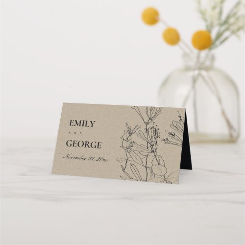 MODERN CHIC RUSTIC KRAFT BLACK LINE DRAWING FLORAL PLACE CARD