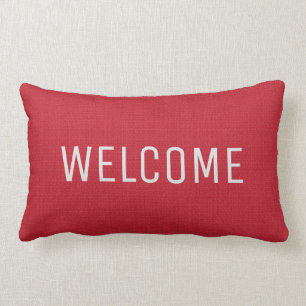 Modern chic rustic red faux burlap Welcome pillow