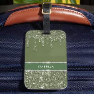 Modern Chic Sage Green Glitter Sparkle Diamond Luggage Tag