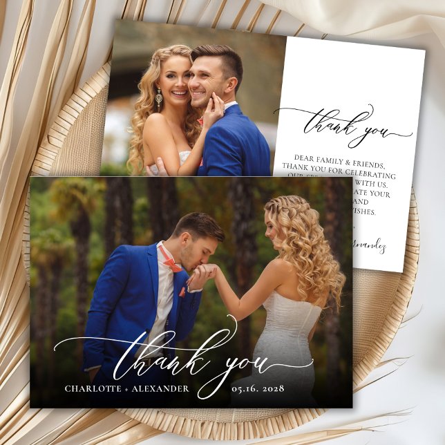 Modern Chic Script 2 Photo Wedding Thank You Card (Creator Uploaded)