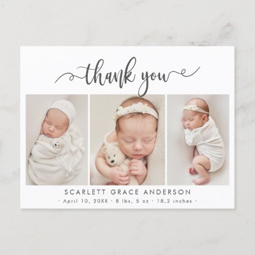 Modern Chic Script Baby 3 Photo Collage Thank You Postcard
