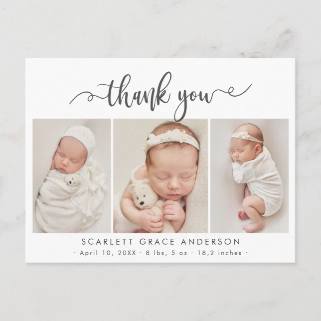 Modern Chic Script Baby 3 Photo Collage Thank You Postcard | Zazzle