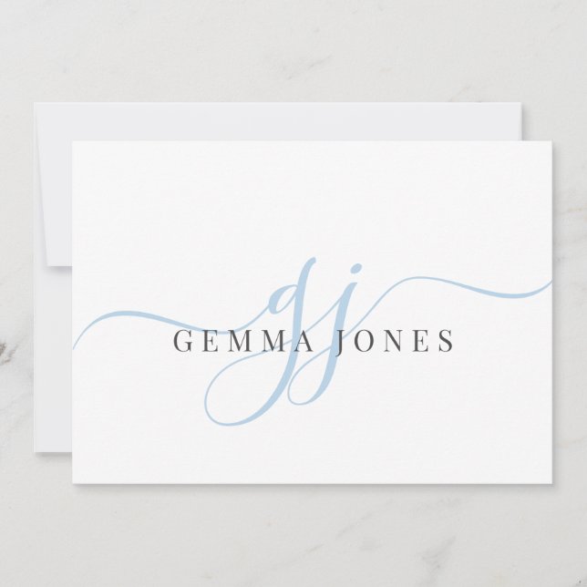 Modern Chic Script Blue Monogram Initials Minimal  Note Card (Front)