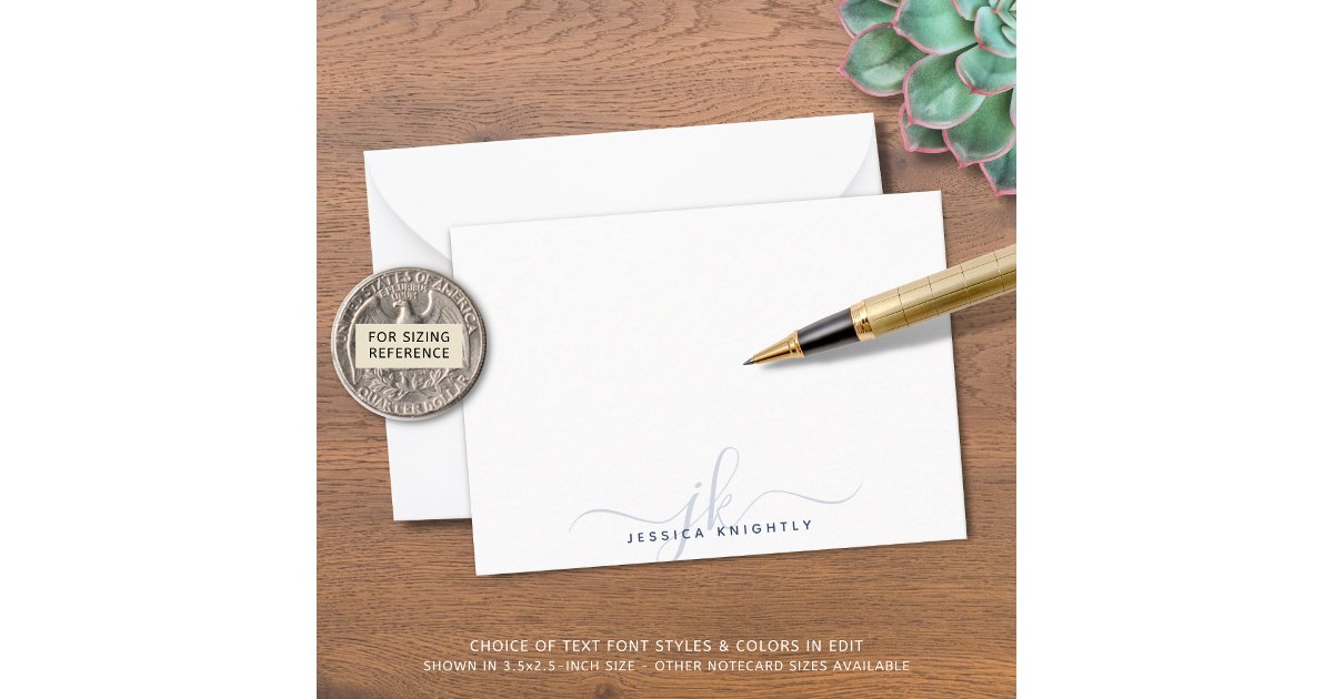 Modern Chic Script Blue Monogram Initials Minimal Note Card | Zazzle