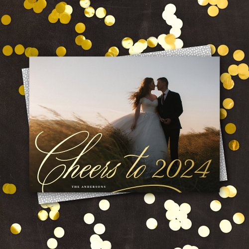 Modern Chic Script Cheers to New Year Photo Gold Foil Holiday Card