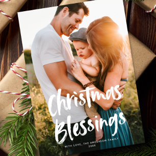 Modern Chic Script Christmas Blessings One Photo Holiday Card