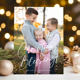 Modern Chic Script Christmas Blessings One Photo Holiday Card