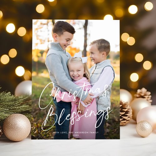 Modern Chic Script Christmas Blessings One Photo Holiday Card