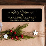 Modern Chic Script Christmas Return Address Label<br><div class="desc">Elegant,  Modern Black and Gold Hand Lettered Christmas Family Return Address Labels. Featuring a pretty hand-written calligraphy swash-tail font script with saying "Merry Christmas",  a little love heart motif. Great for Christmas holiday season,  easy to personalize them with your names and return address info.</div>