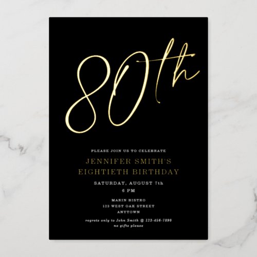 Modern Chic Script Eightieth 80th Birthday Party Foil Invitation