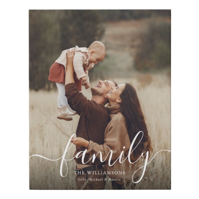 Modern Chic Script Elegant Family Photo Faux Canvas Print (Front)