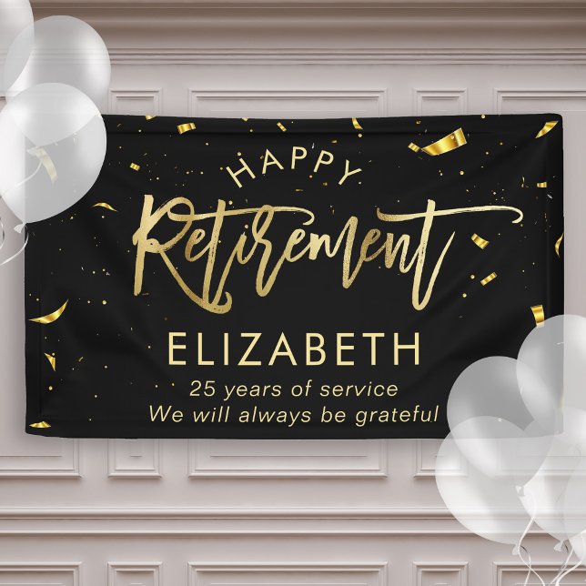 Modern Chic Script Elegant Gold Happy Retirement Banner (Creator Uploaded)