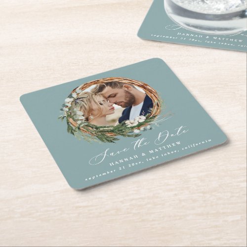 Modern chic script foliage wreath photo wedding square paper coaster