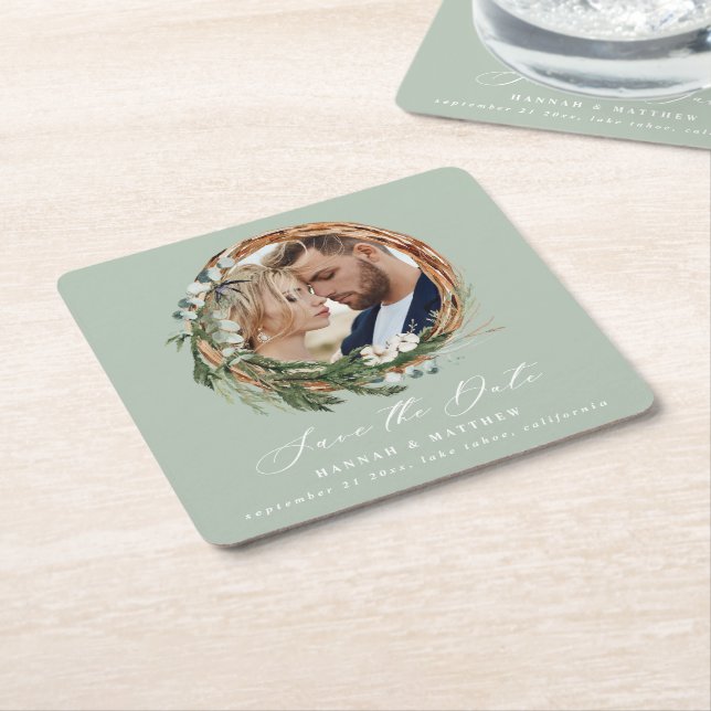 Modern chic script foliage wreath photo wedding square paper coaster (Angled)
