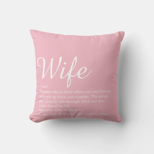 Modern Chic Script Girly Pink Fun Wife Definition  Throw Pillow