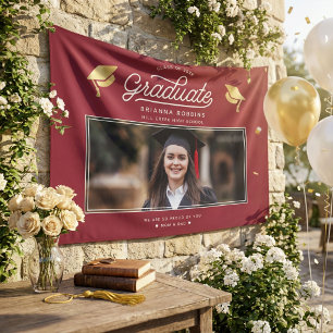 Modern Chic Script Gold Graduate Photo Burgundy Sign
