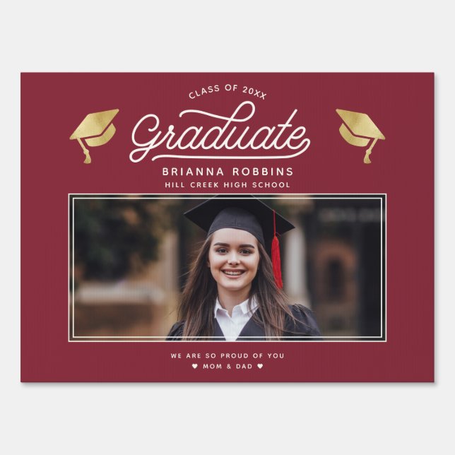 Modern Chic Script Gold Graduate Photo Burgundy Sign (Front)