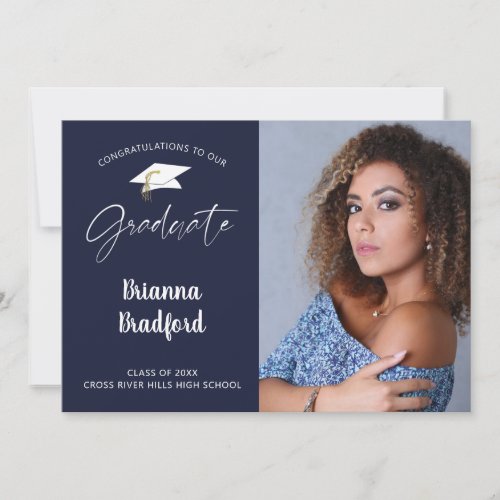 Modern Chic Script Graduate Navy Blue Announcement