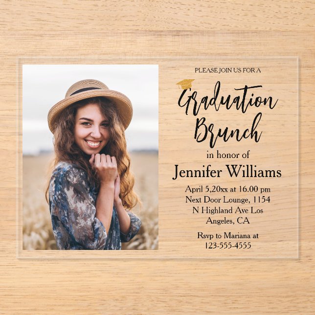 modern chic script graduation brunch photo acrylic invitations (Front)