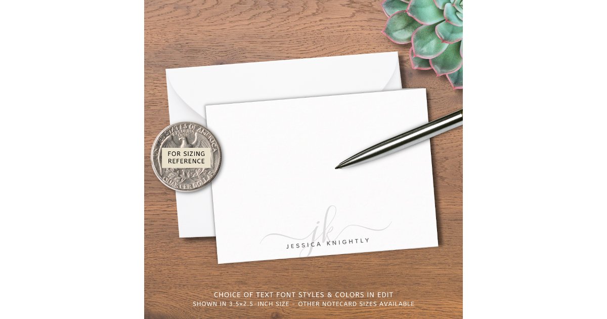 Modern Chic Script Gray Monogram Initials Minimal Note Card | Zazzle