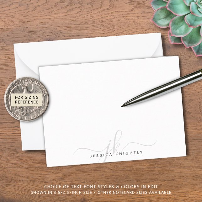 Modern Chic Script Gray Monogram Initials Minimal Note Card (Creator Uploaded)