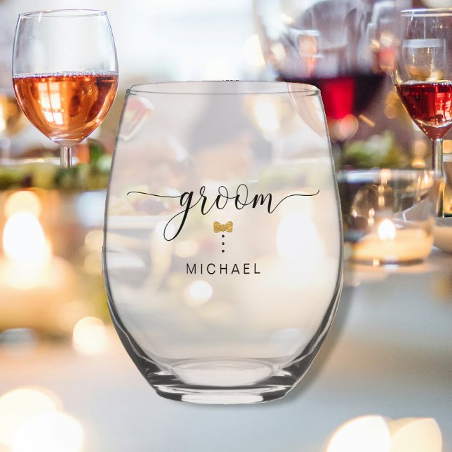 Modern Chic Script Groom Gold Bow Tie Name Wedding Stemless Wine Glass (Creator Uploaded)