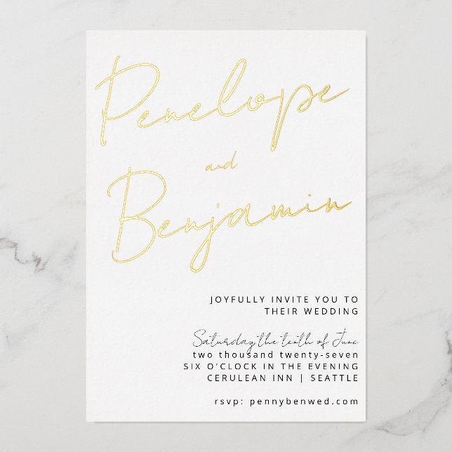 Modern Chic Script Handwriting Gold White Wedding Foil Invitation (Front)