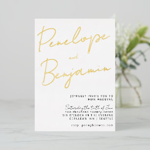 Modern Chic Script Handwriting Gold White Wedding Foil Invitation
